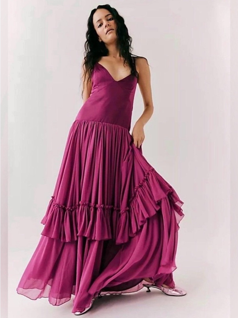 Free People Soliana Satin Chiffon Ruffle Magenta Maxi Size Medium